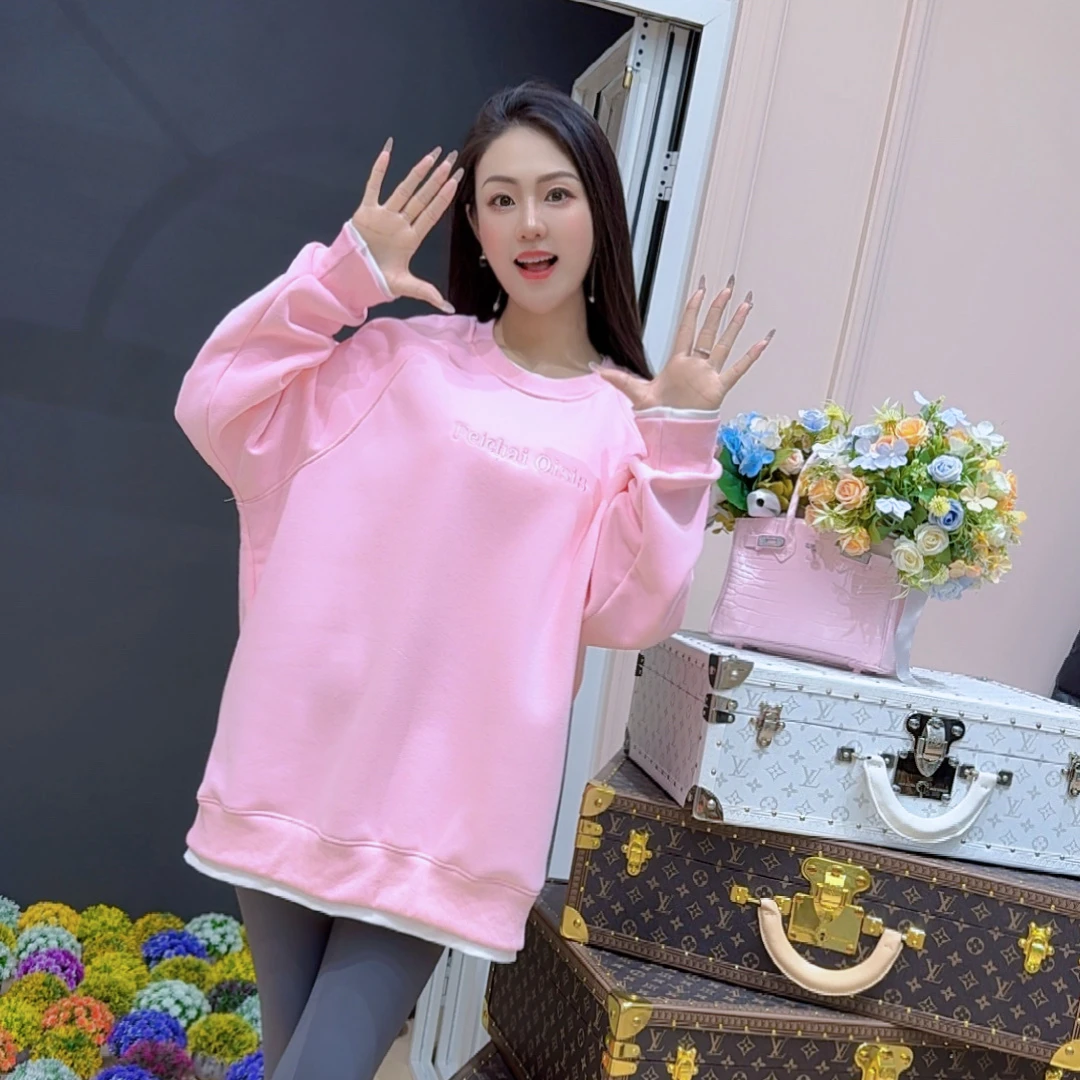 2025新款假两件卫衣女加绒加厚圆领长袖重工刺绣宽松