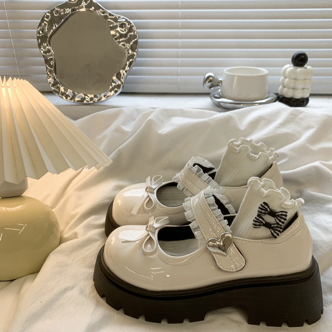 白色法式复古蝴蝶结厚底小皮鞋女2025新款秋季百搭配裙子玛丽珍鞋