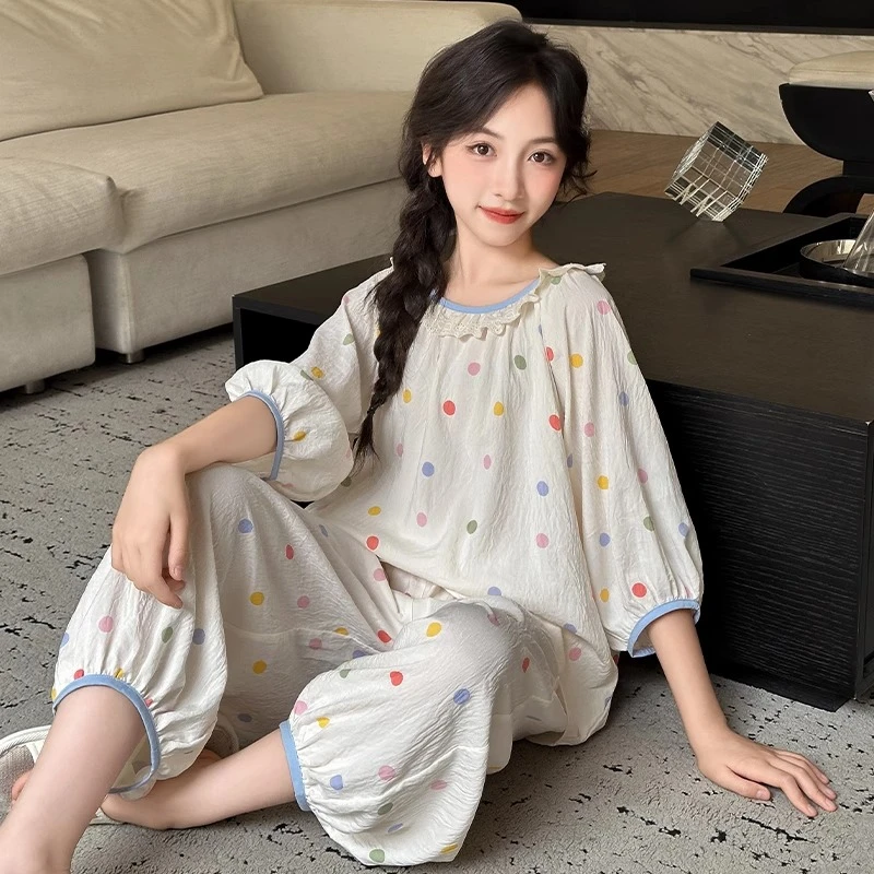 女孩睡衣初中生少女风2025新款女大童夏季绵绸套装女童薄款家居服