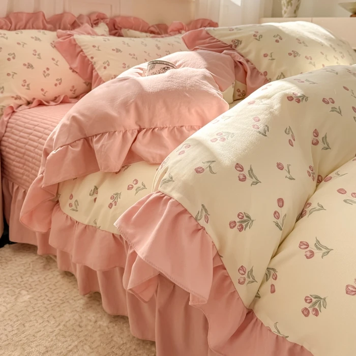 2025新款韩式花边夹棉床盖四件套少女心小清新家纺床上用品