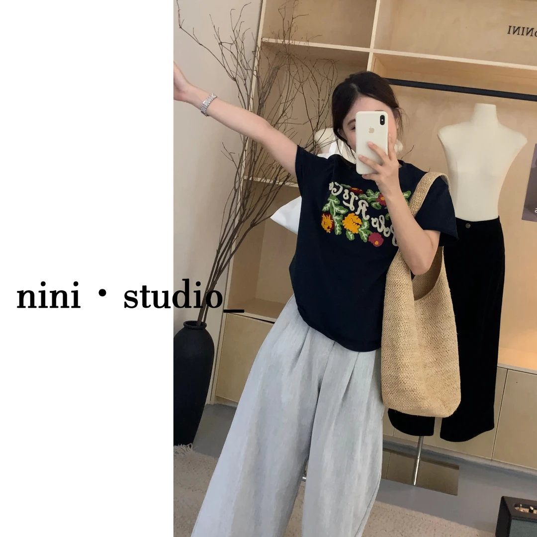 nini·浪漫花海重工刺绣工艺韩系ins风短袖T恤