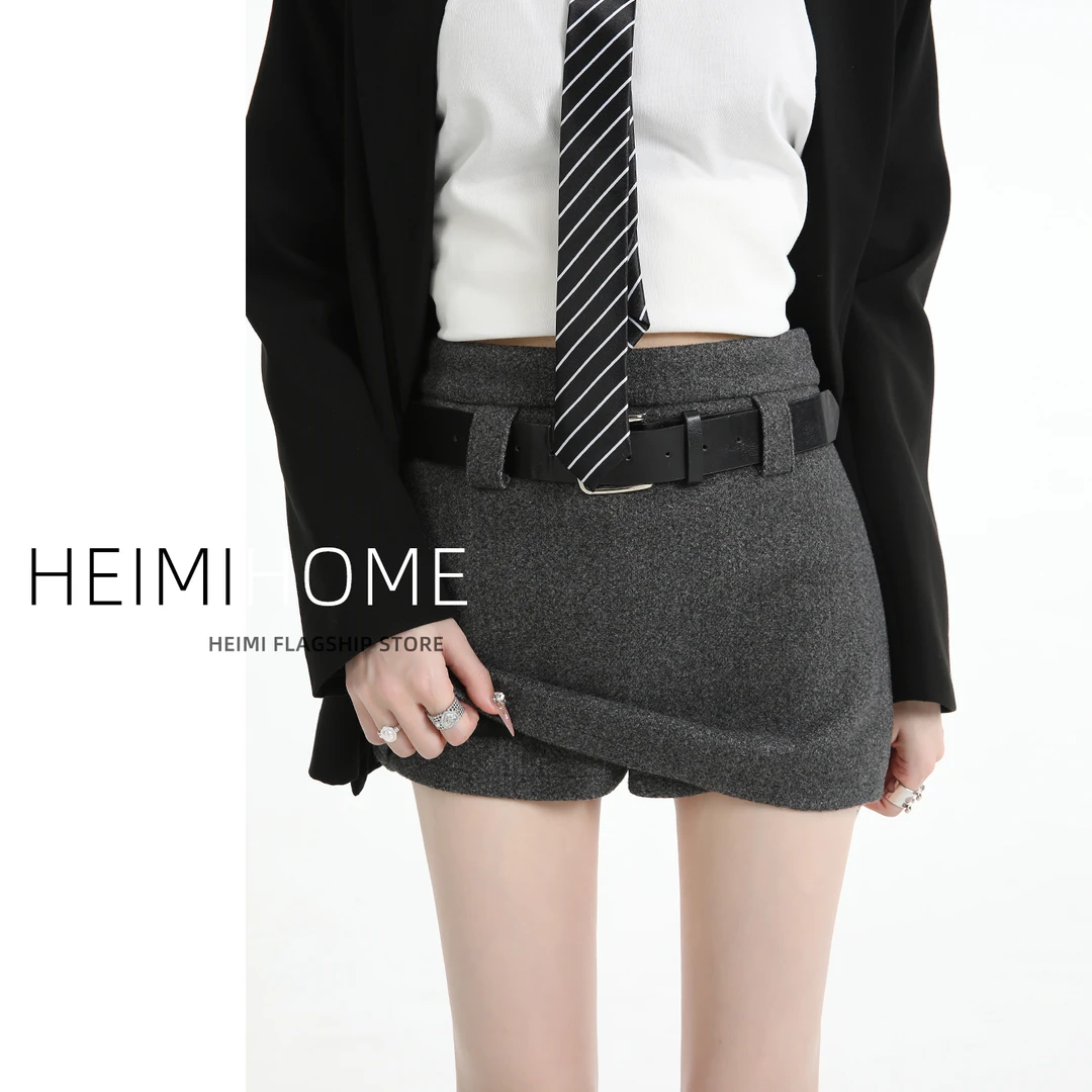 复古灰色毛呢半身裙女秋冬季高腰加厚包臀裙防走光简约a字短裙子