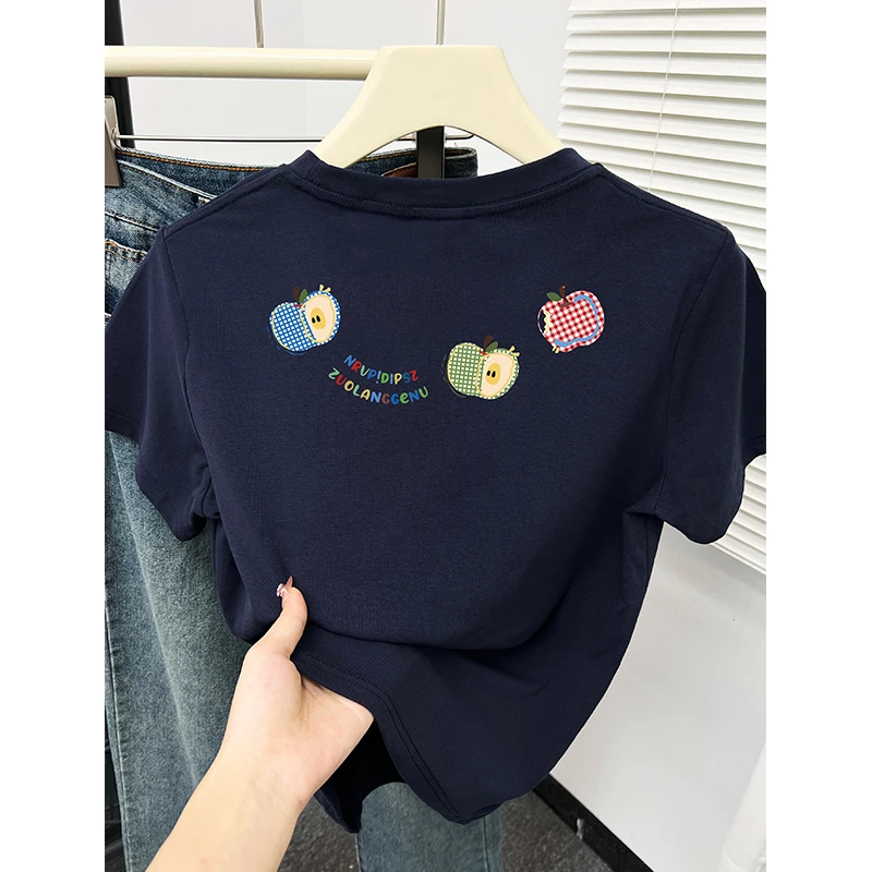 2025夏季新款藏蓝色正肩短袖t恤微胖mm大码女装200斤显瘦洋气上衣