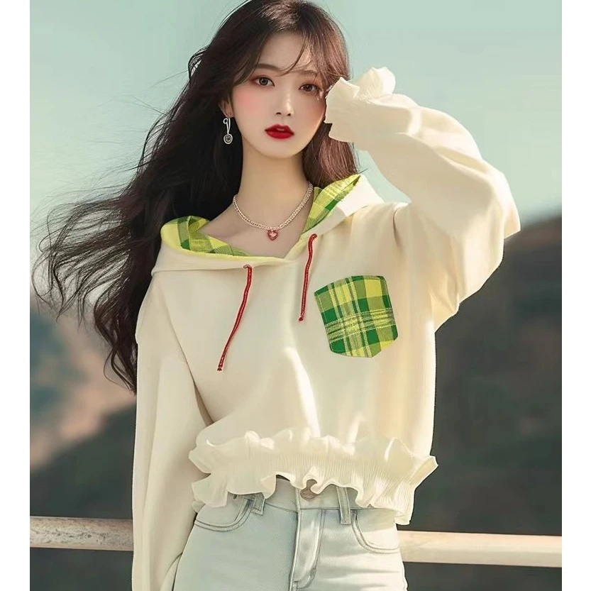 20001 独特设计感漂亮上衣小众韩系减龄超好看格纹拼接连帽卫衣