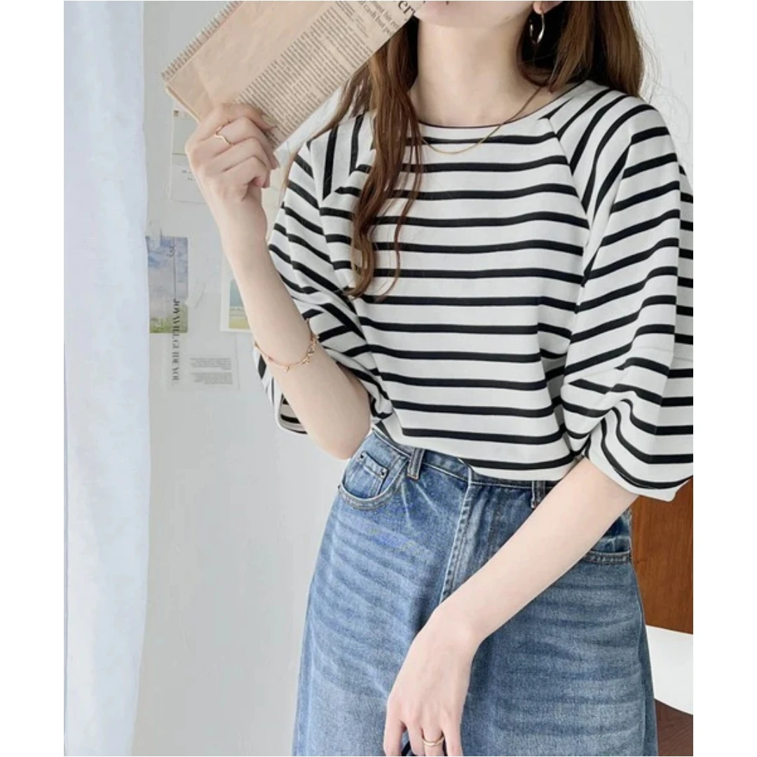 【TaKuMi】 C 夏季新款 休闲简约宽松灯笼T恤7分短袖上衣