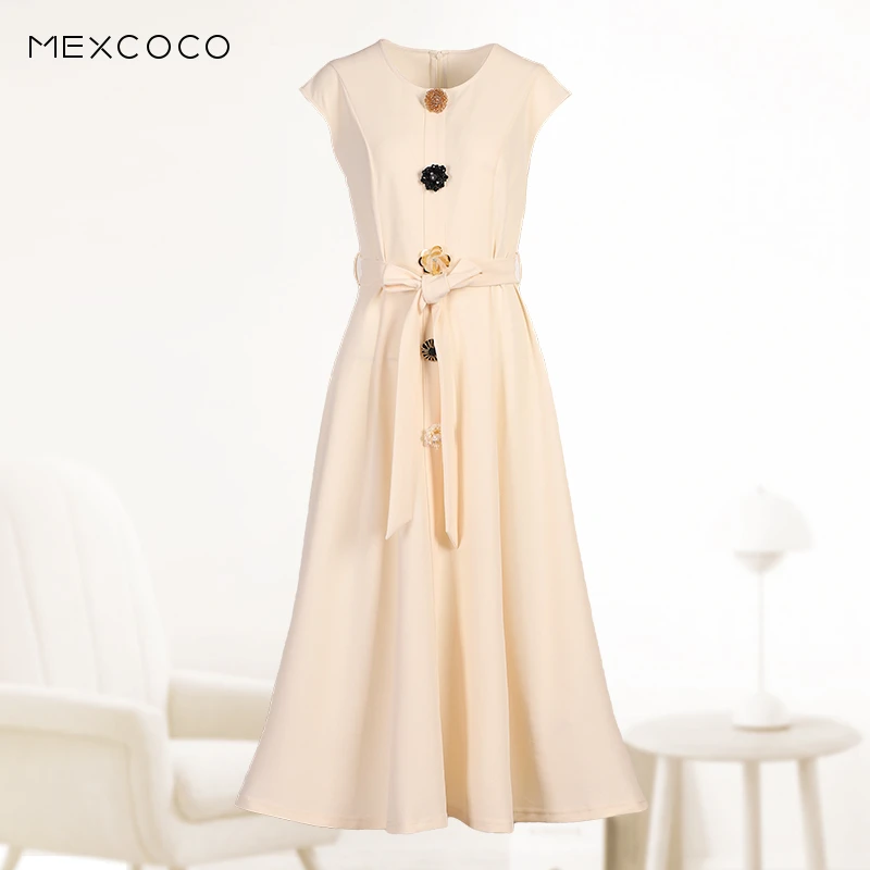 MEXCOCO/兰瑟儿夏新款高奢精致无袖圆领收腰显瘦连衣裙105XL2767
