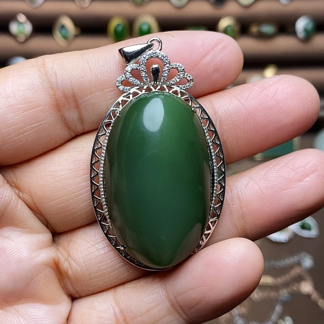 吊坠(不含链)银S925镶嵌和田玉（碧玉）