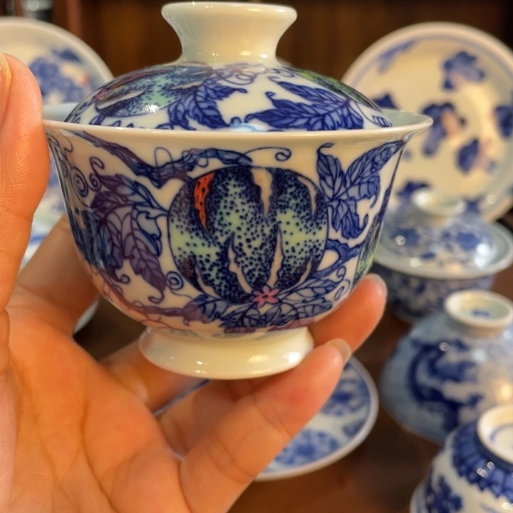 手工手绘斗彩富甲天下盖碗