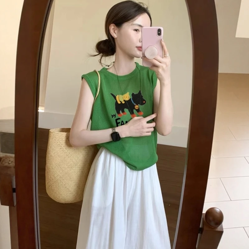 2025夏季流行单品设计感漂亮背心上衣多巴胺绿色小狗无袖针织衫女