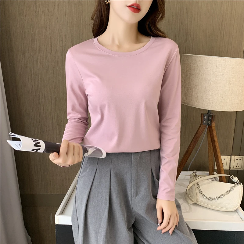 拼接V字领纯色圆领常规长袖女T恤春装春秋内搭修身