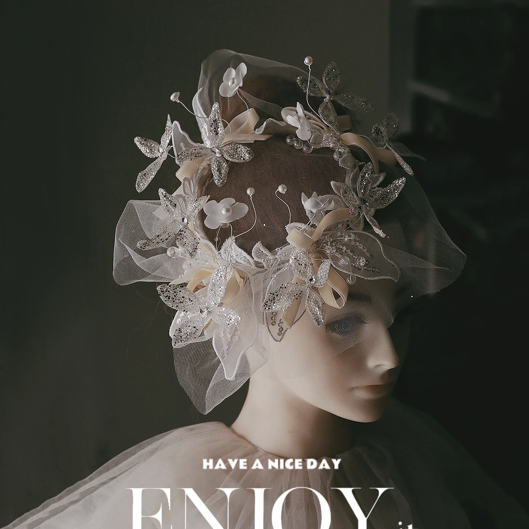 复古法式礼帽新娘头饰唯美蝴蝶花朵帽子网纱遮面婚纱造型影楼配饰