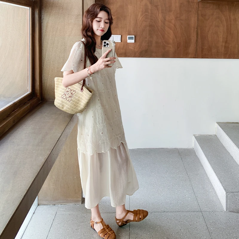 法式刺绣拼接假两件连衣裙女2025年夏季新款甜美浪漫减龄过膝长裙