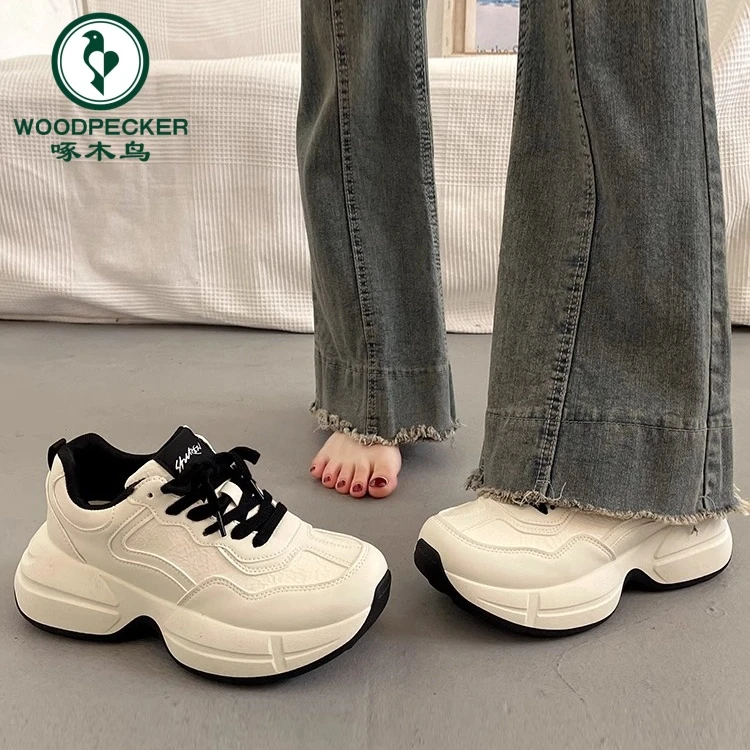 啄木鸟爆款百搭厚底老爹鞋女增高2025新款春秋白色休闲运动阿甘鞋
