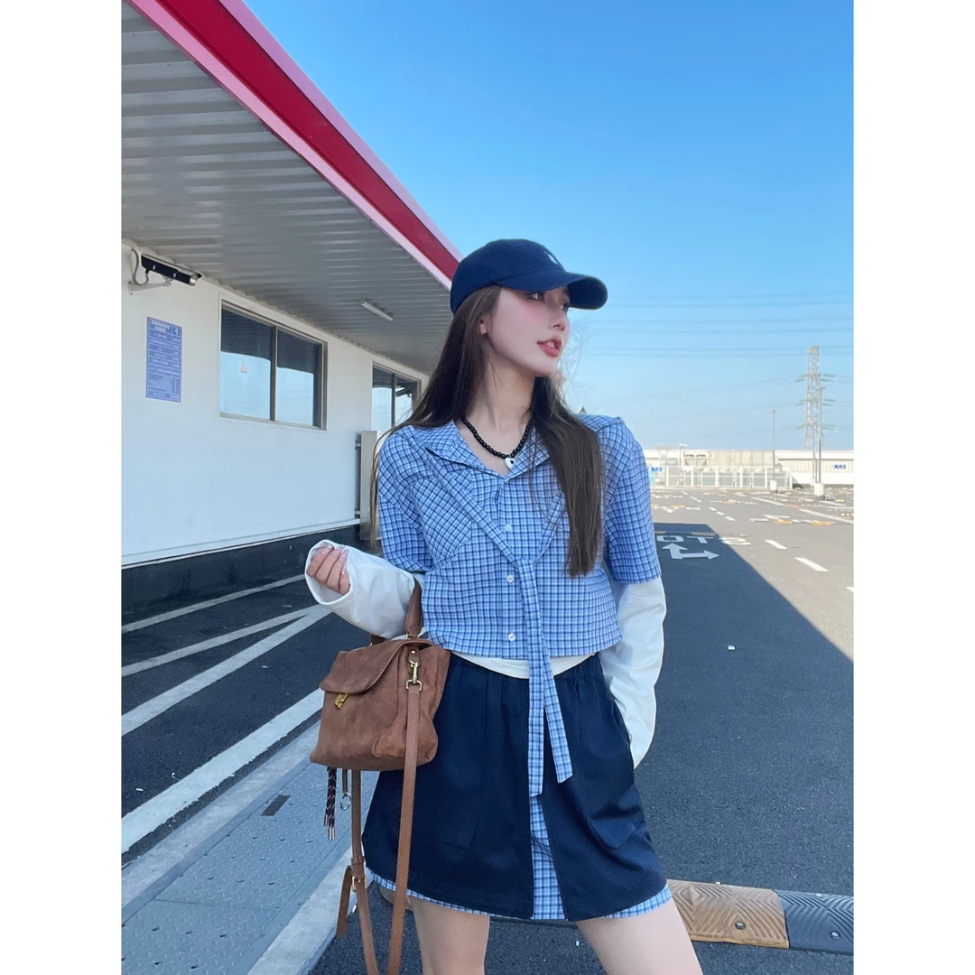 QXQT 理性消费NO退NO换「蓝格dance」格纹刺绣连帽套装T55