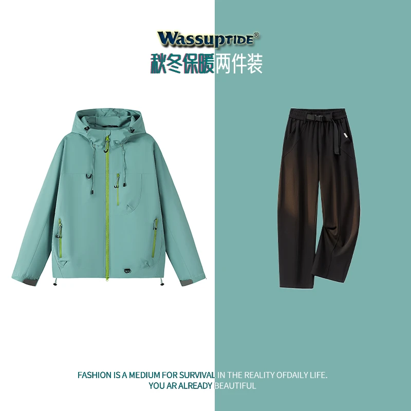 Wassup TIDE男女款多巴胺防泼水冲锋衣+华夫格休闲弯刀裤潮款套装
