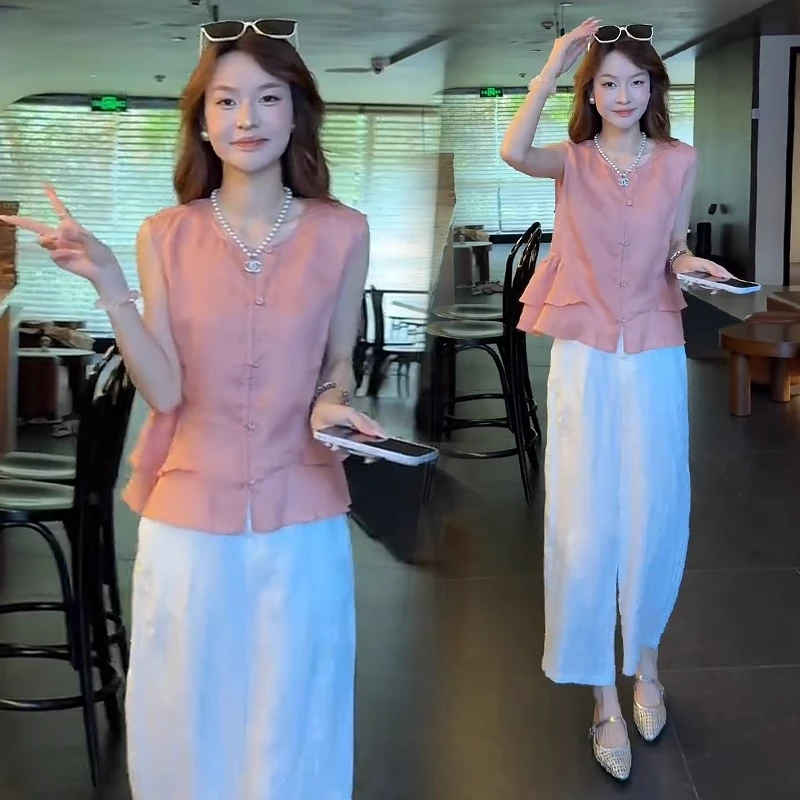 时尚套装女2025夏季新款洋气显瘦无袖衬衫阔腿裤气质减龄两件套潮