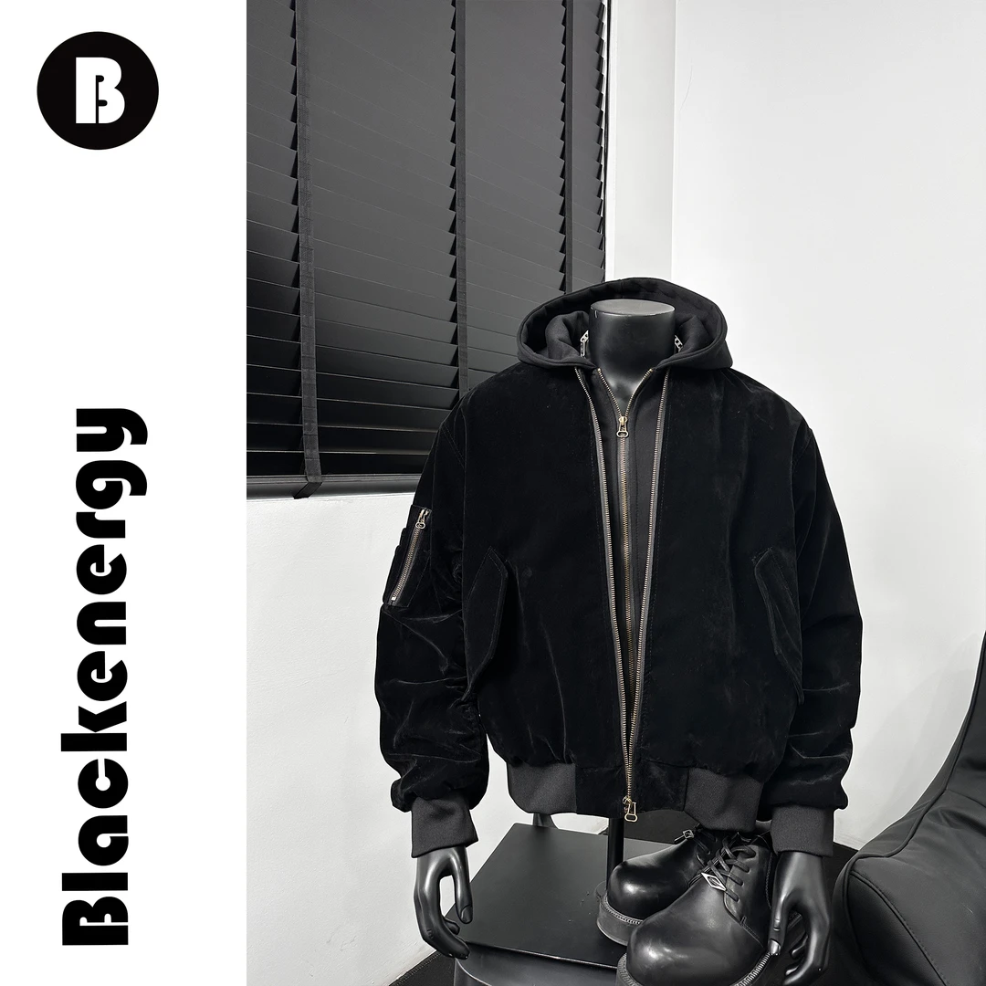 连帽翻毛皮外套男春秋季美式设计感休闲百搭拼接宽松假两件夹克