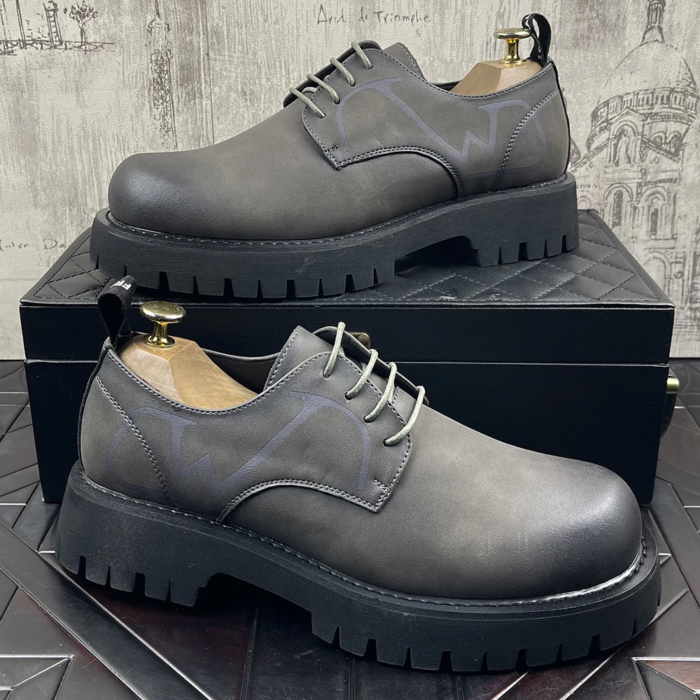 灰色小皮鞋男2025新款英伦风厚底内增高休闲鞋男士商务西装德比鞋
