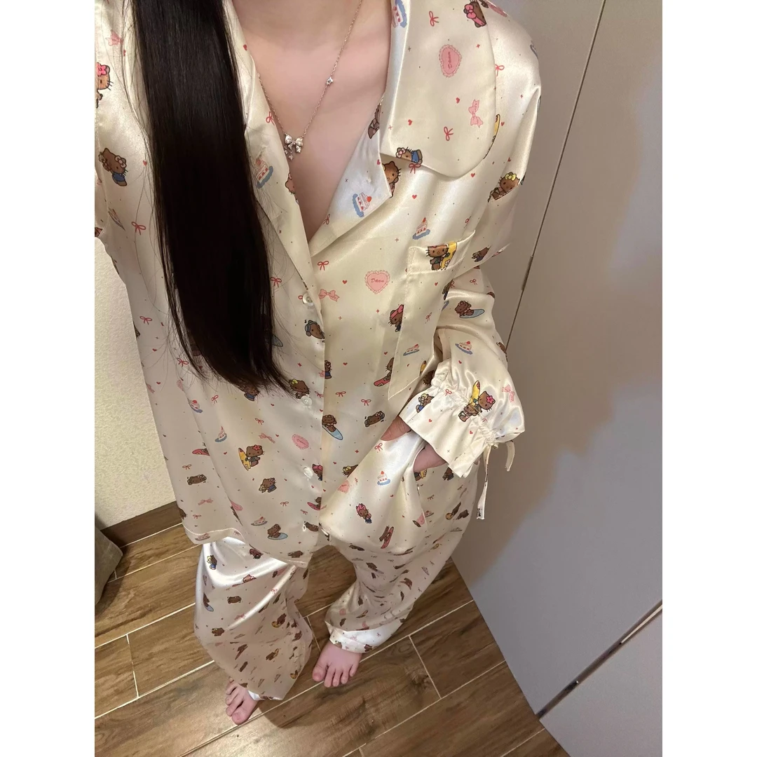 甜美少女Kitty印花冰丝睡衣女夏季大码长袖长裤家居服套装可外穿
