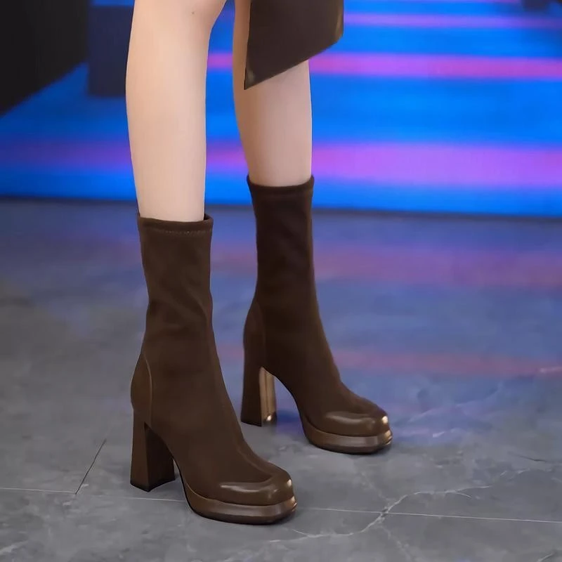 2025秋冬新款高跟防水台短靴女粗跟高跟短靴增高弹力瘦瘦靴中筒靴