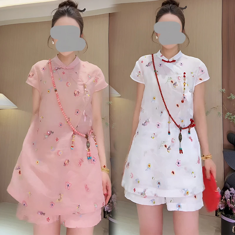 新中式气质国风立领盘扣印花上衣女装2026夏季新款时尚短裤两件套