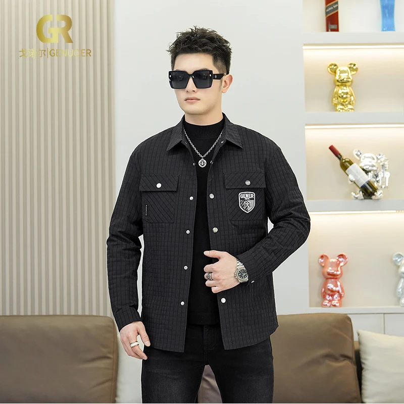 戈诺尔特价男士秋季黑色格子夹克轻薄外套百搭男装单排扣休闲茄克