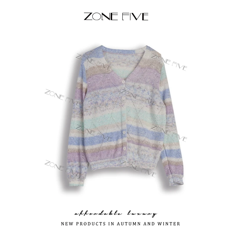 【zonefive】渐变色细羊毛针织衫2025新款慵懒风v领上衣开衫潮