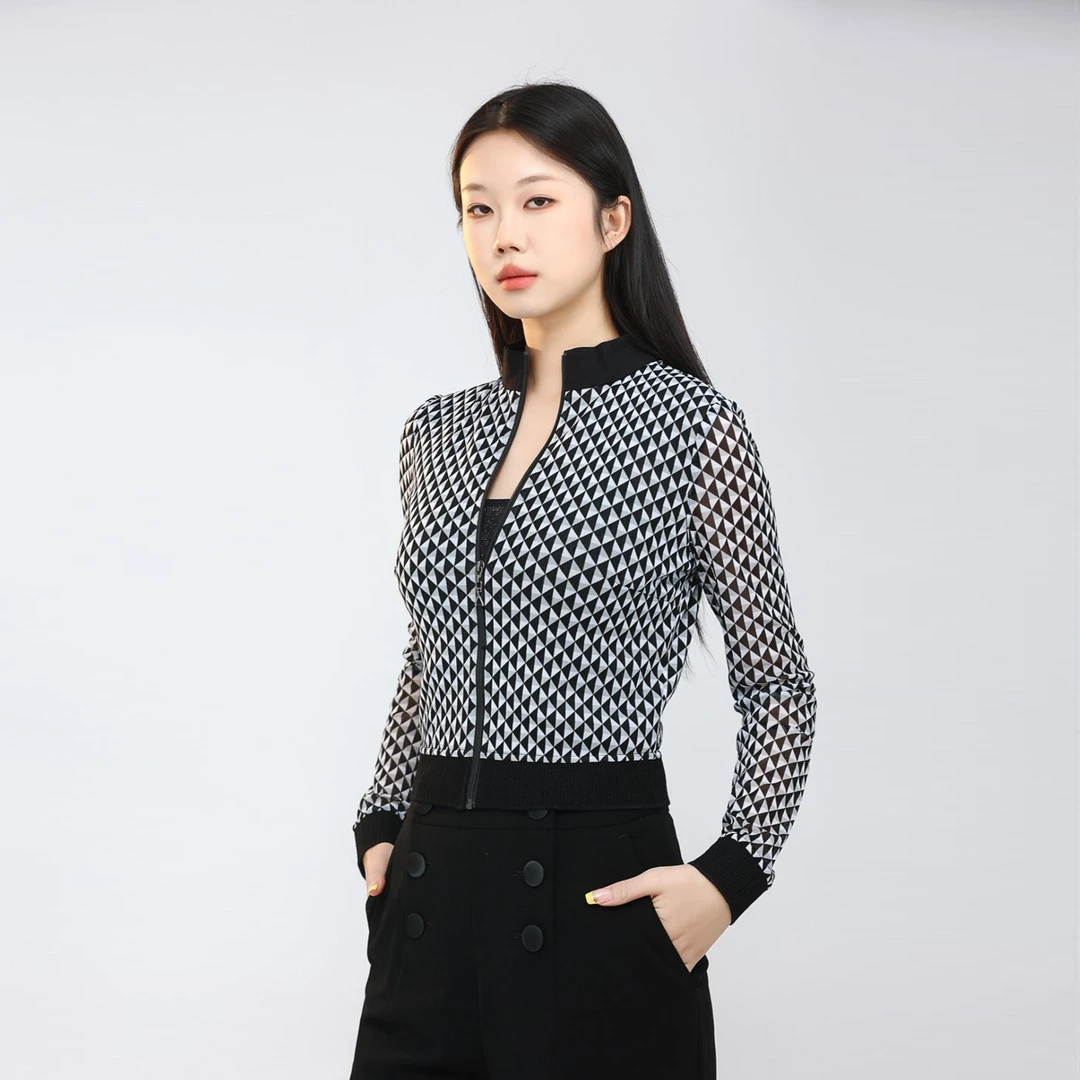 GIRDEAR/哥弟早春新款气质小众设计感显瘦印花网纱外套女士140009