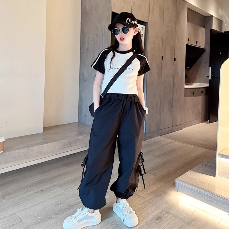 女童工装裤夏季2025新款童装儿童束脚裤薄款女孩大童裤子夏装套装