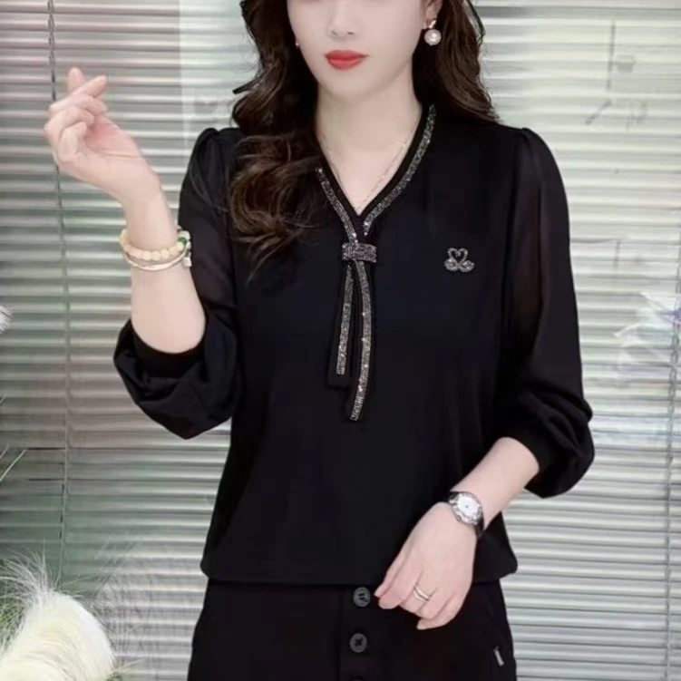 607款 春款时尚V领飘带烫钻雪纺袖韩版百搭显瘦女士上衣
