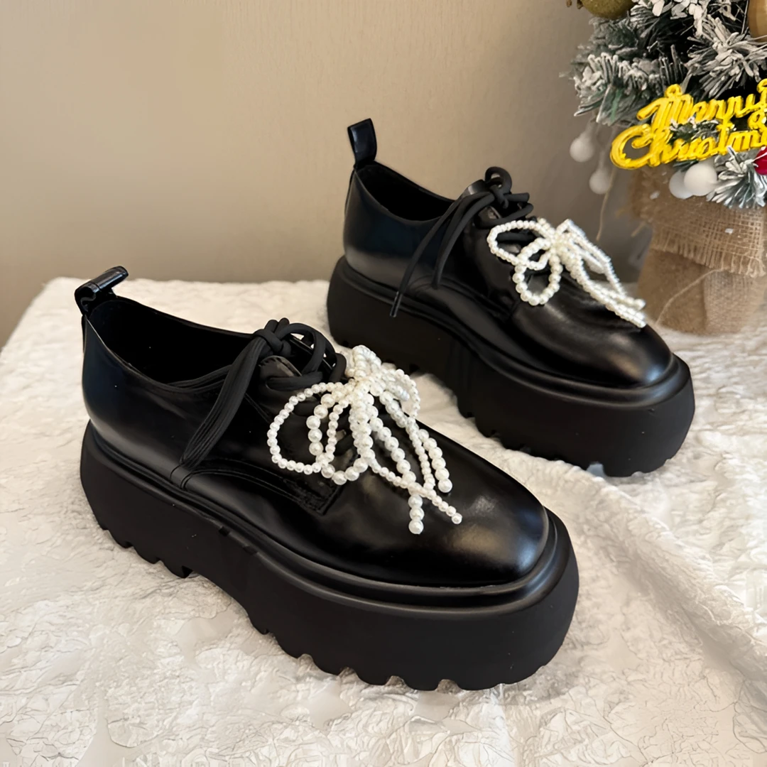 【悦悦】2025春季英伦风新品珍蝴蝶结小皮鞋 复古风系带单鞋