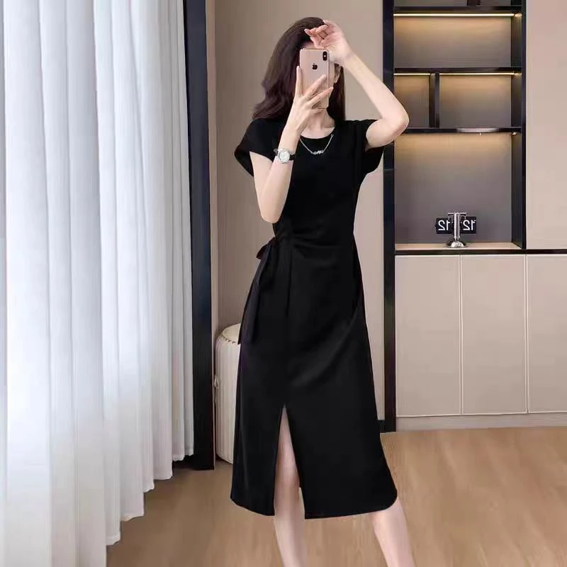 短袖连衣裙女绑带收腰显瘦不规则侧面开叉中长款裙子-692