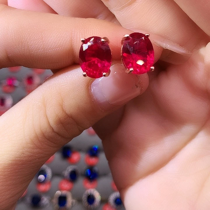 红宝石耳饰银S925镶嵌