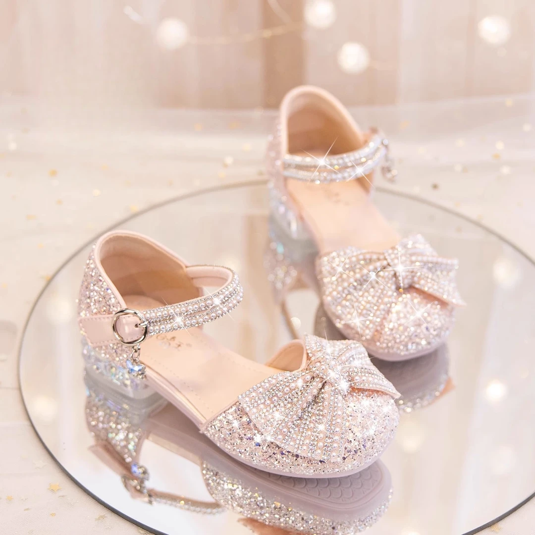 36l°C女童公主鞋高跟鞋2025夏季新款儿童凉鞋水晶鞋演出小皮鞋潮