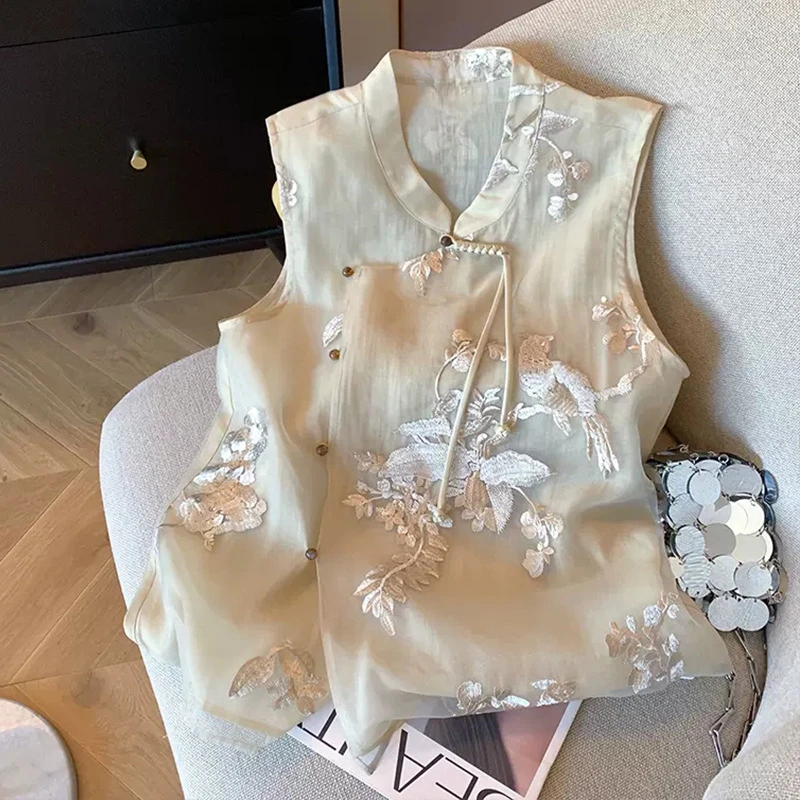 新中式重工刺绣斜襟立领马甲女2025夏季国风复古无袖显瘦别致背心