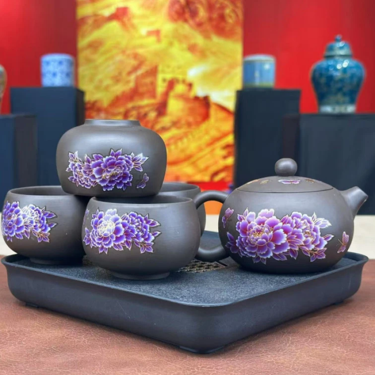 黑泥紫砂西施壶变色牡丹一壶四杯-2753