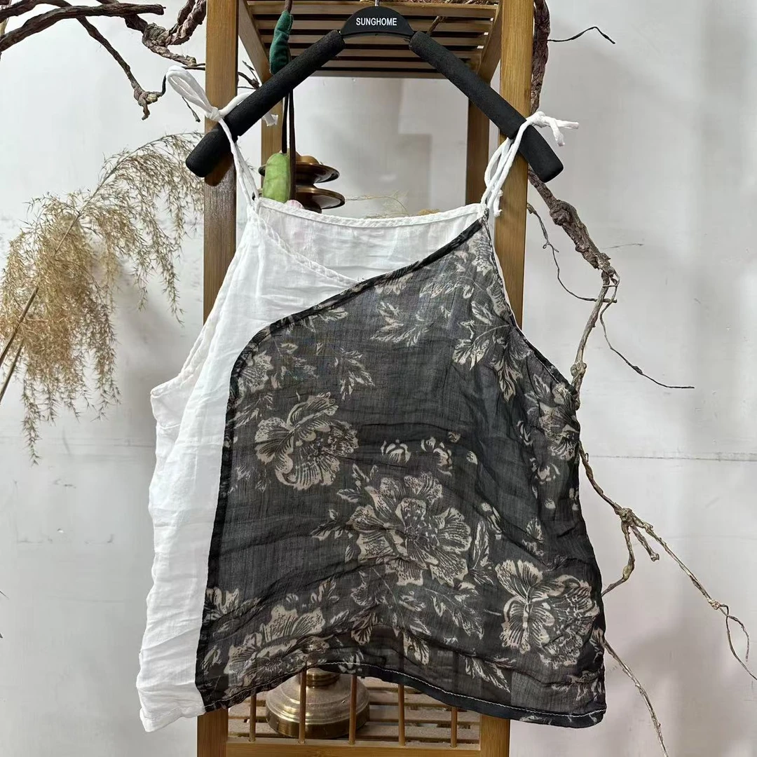 麻四--原创苎麻复古百搭系带拼花吊带