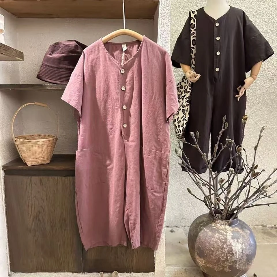 【歪歪妞童装】20464儿童棉麻连体裤男女童宽松高级感短袖连体裤