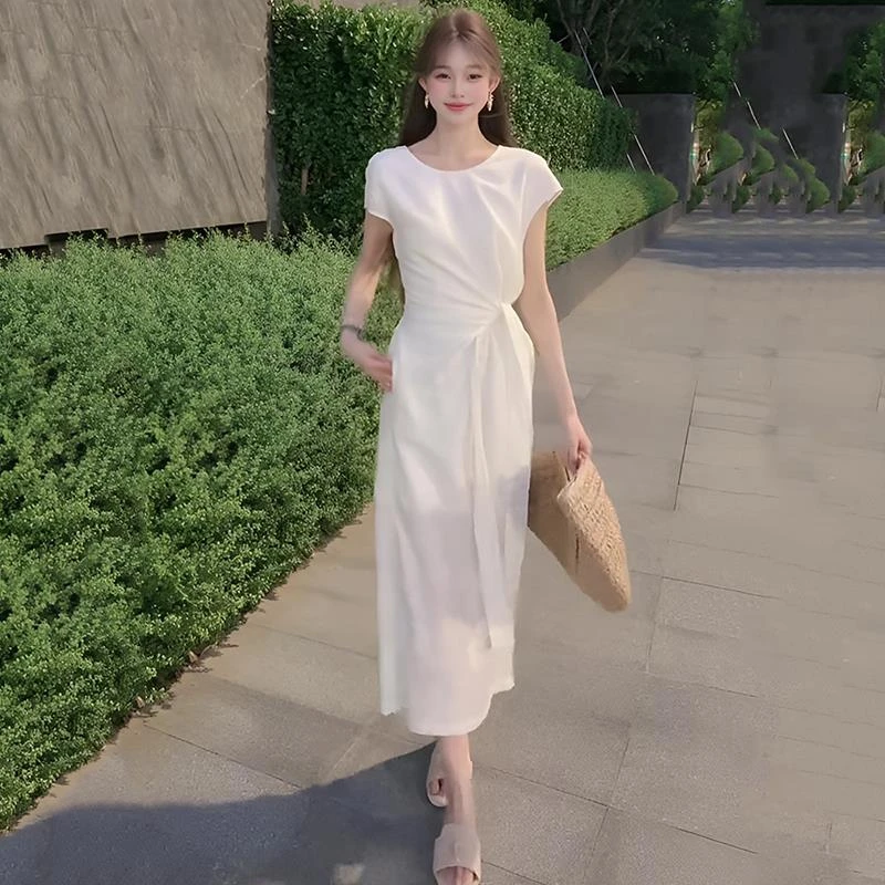 【小狐狸】法式气质亚麻连衣裙女2025夏新款收腰绑带修身独特长裙子