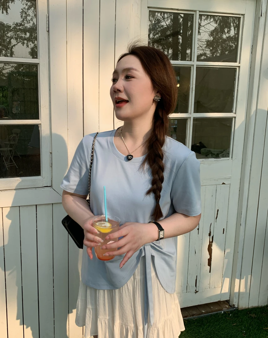 NANJIE/楠姐【漫不经心】舒适百搭夏季显瘦系带圆领上衣半裙套装