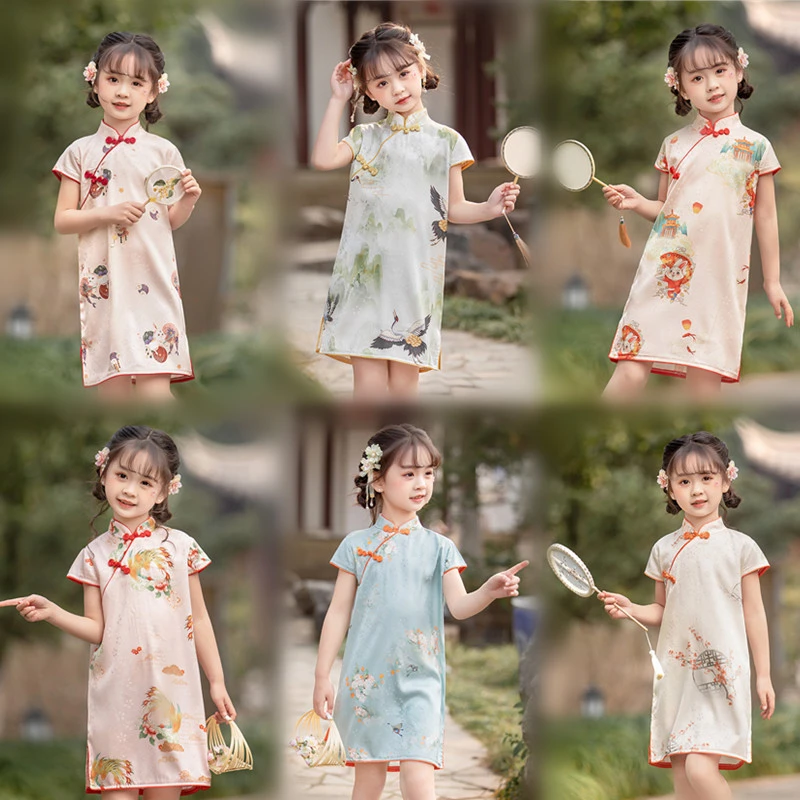 儿童裙子女童连衣裙碎花花色夏季旗袍国风复古