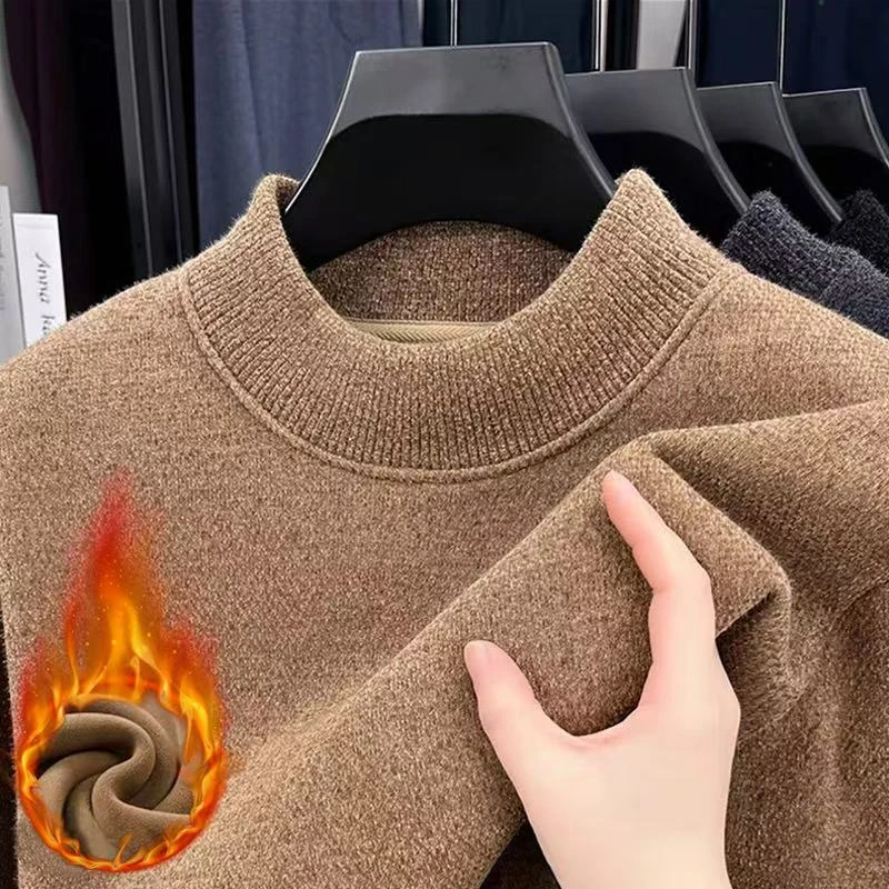 半高领男士加绒加厚毛衣冬季保暖套头纯色宽松针织打底F356B