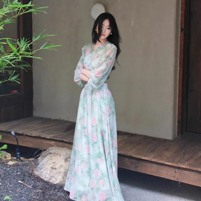 纯欲风碎花雪纺套装女夏季新款设计感收腰显瘦公主连衣裙两件套潮