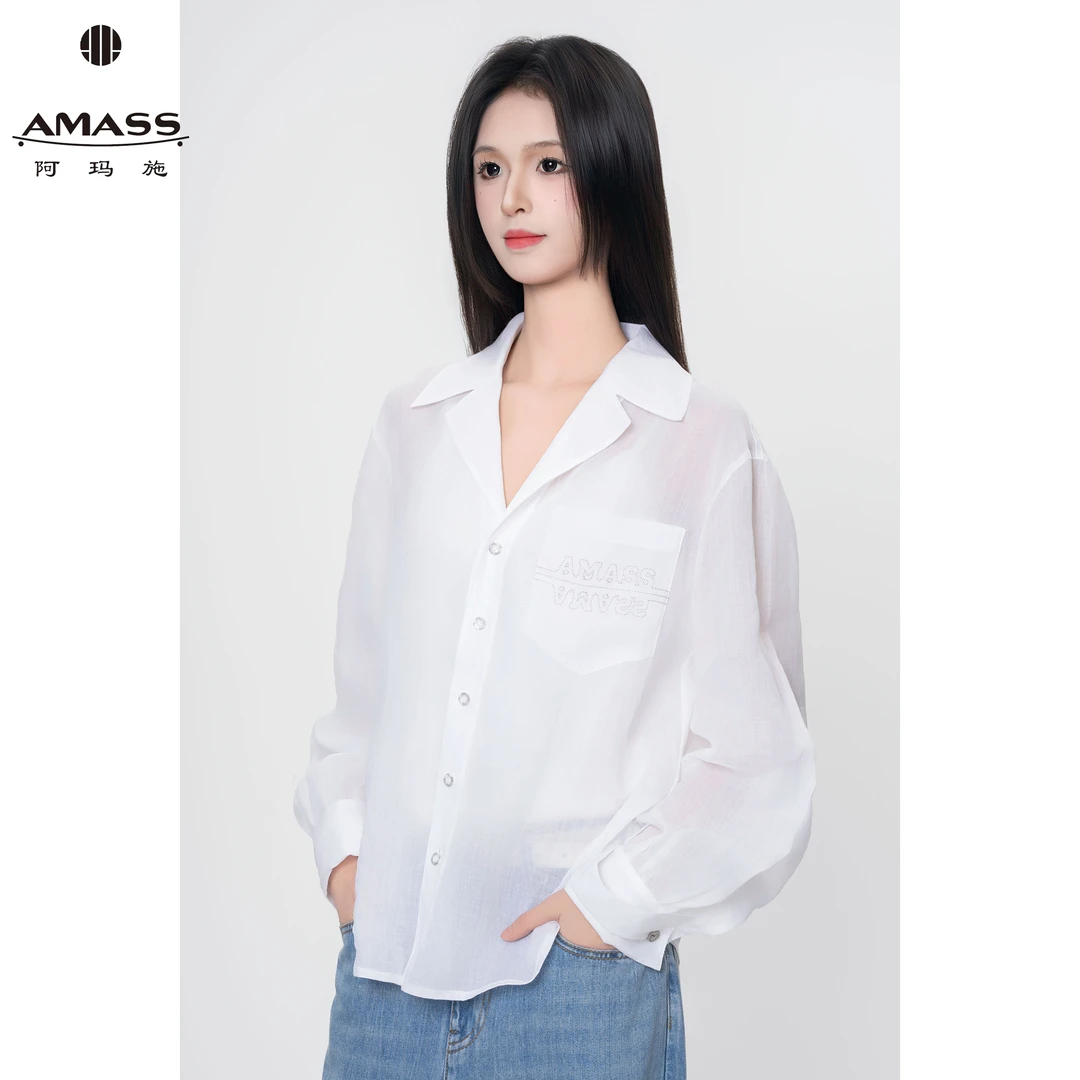AMASS/阿玛施春夏新款时尚苎麻老钱风翻领舒适长袖气质衬衫530065