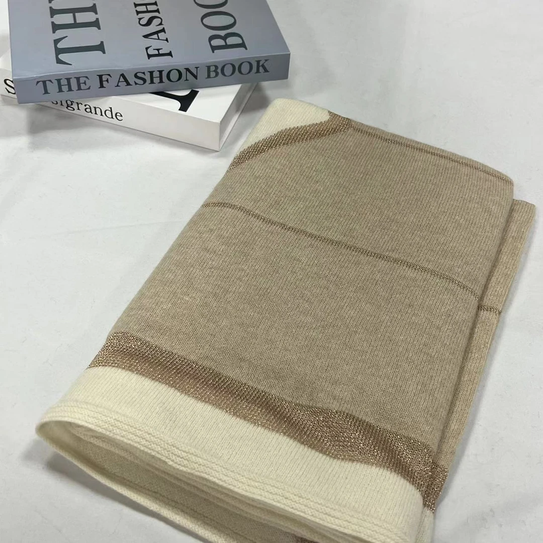 羊绒长巾-棕白拼格 180*70cm丝巾