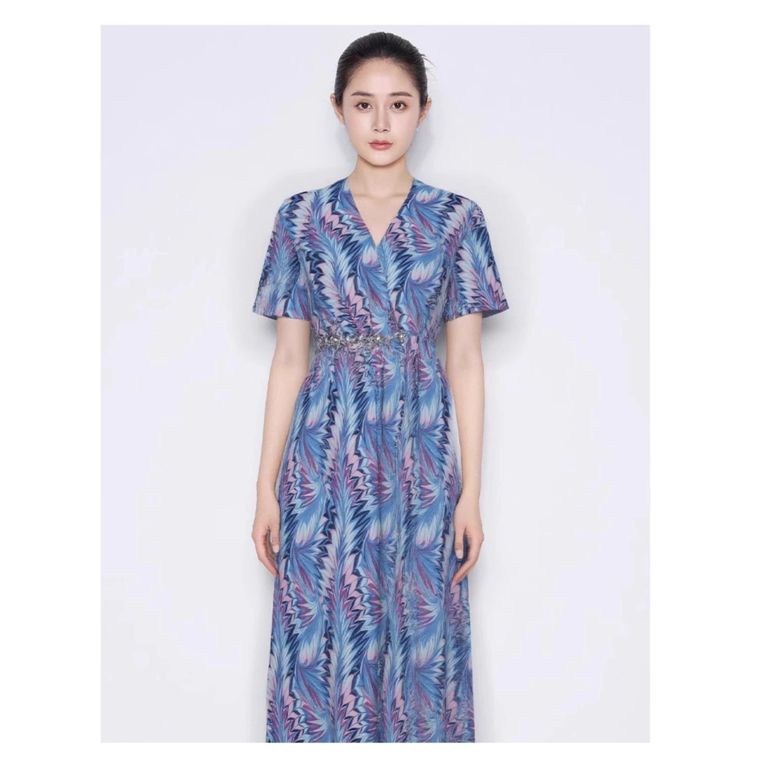 【小熊专属】马天奴连衣裙子V领钉珠收腰短袖时尚气质女VHS672DRX0