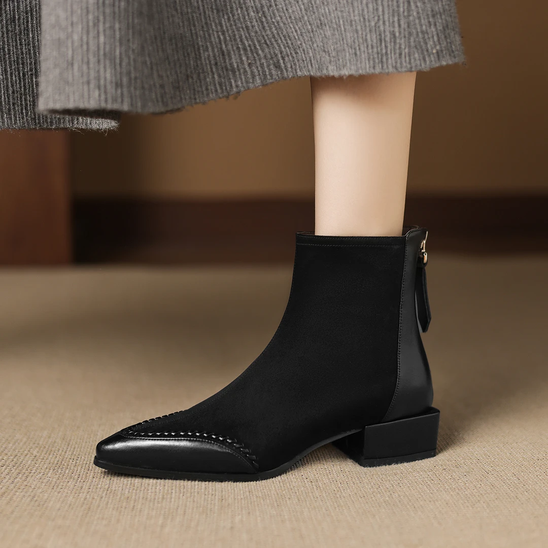 3.5cm秋冬新款拼接尖头粗跟短靴中跟磨砂及踝靴复古百搭显瘦踝靴