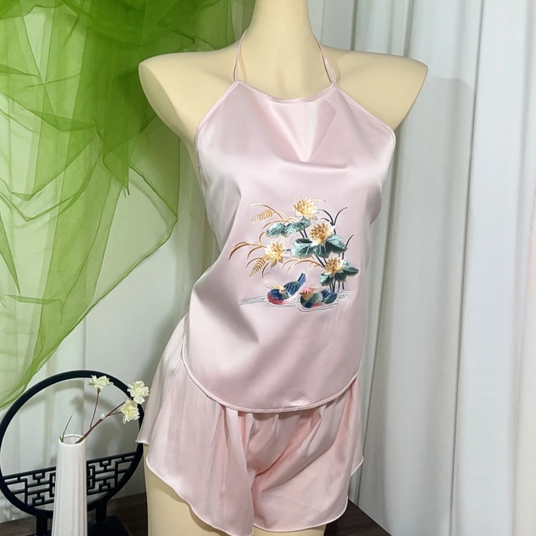 苏绣肚兜套装双层仿真丝绸吊带女性纯手工古风绣花露背式内衣睡衣