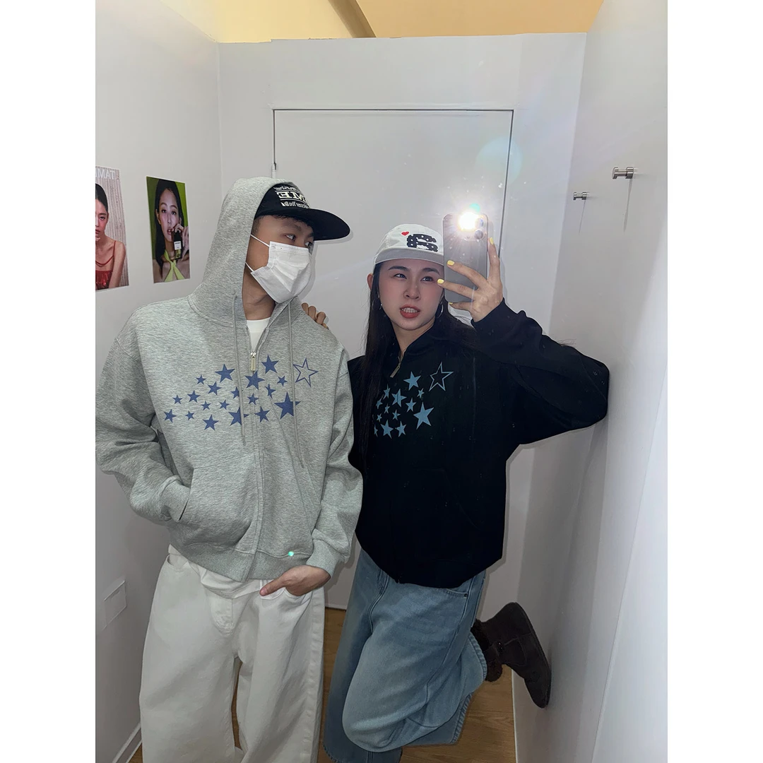 19studio WAYNEPRINCE美式复古星星印花连帽卫衣通勤开衫秋冬外套