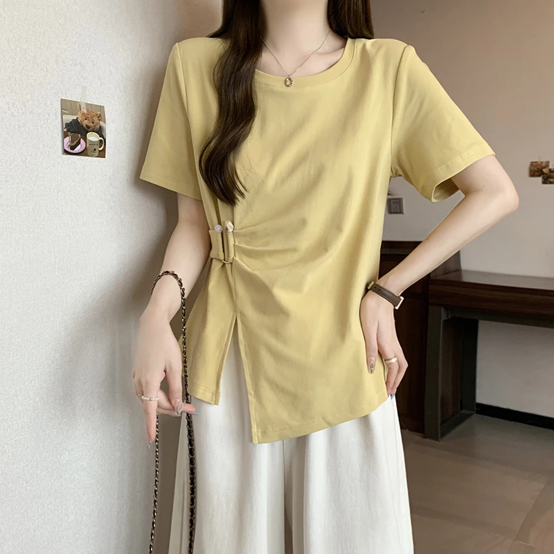 【8500】大码胖mm欧若风法式别致扭结短袖T恤衫百搭设计感上衣女